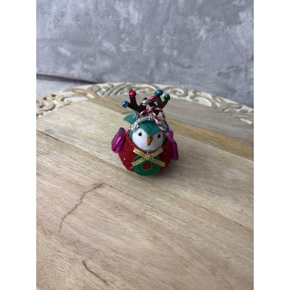 Holiday Fabric Bird Figurine Reindeer Antlers Jingle Bells Teal Red Christmas